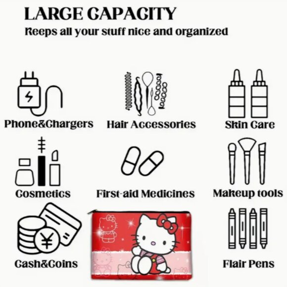 Hello Kitty Red Faux Sparkle Makeup Pencil Bag Sanrio NWT - Picture 4 of 5